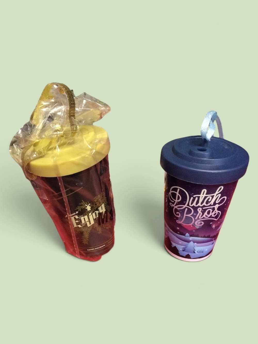 Dutch Bros red cup with yellow lid and blue lid travel cup set Of Two Ornaments